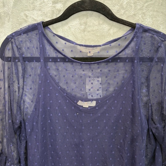 Navy Sheer Polka Dot Bell Sleeve Blouse Sz L Romantic Whimsigoth Dainty - Picture 9 of 12